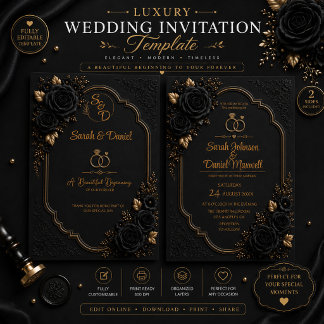 3D Luxury Black Gold Wedding Invitation Template