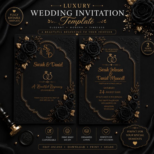 3D Luxury Black Gold Wedding Invitation Template (Creator Uploaded)