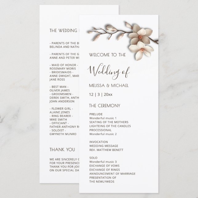 3D Magnolia Flowers Wedding Program (Front/Back)