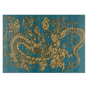 3D Metallic Dragons on Teal Leather Print Cutting Board