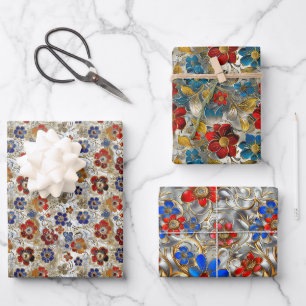 3D Metallic Floral with Gold and Bold Colours Wrapping Paper Sheet