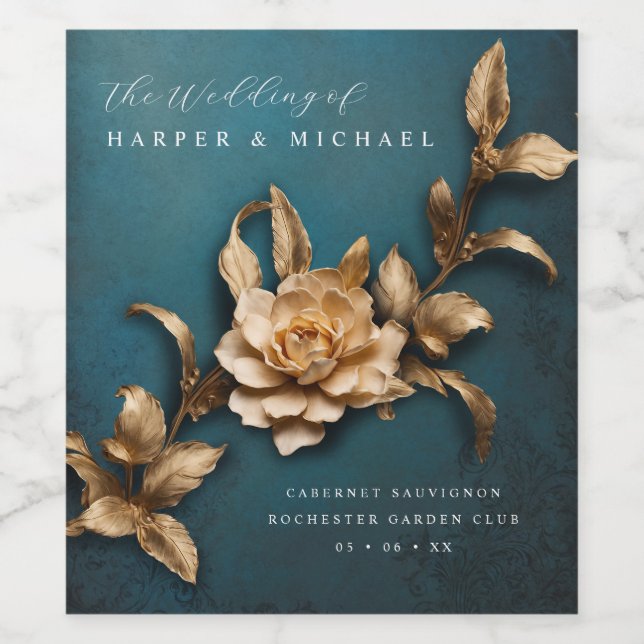 3d metallic flowers personalised wedding wine label (Single Label)