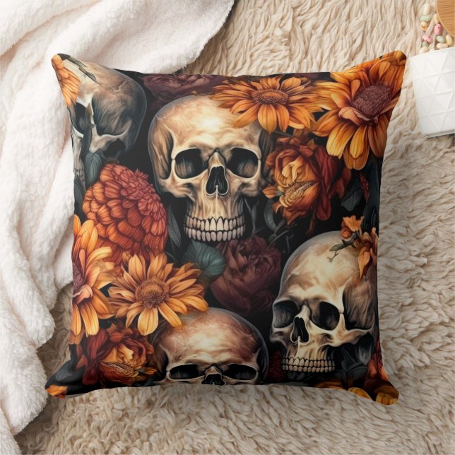 3D Multi Skull with Fall Flowers  Cushion (Blanket)