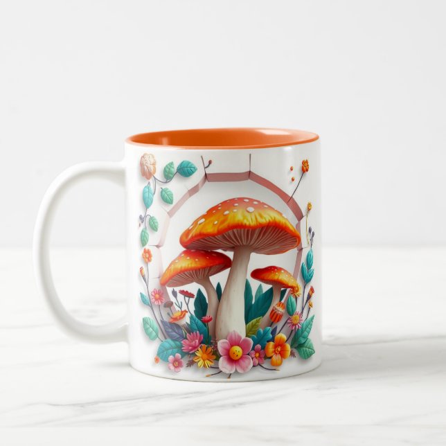 3d mushrooms appears through breaking hole design Two-Tone coffee mug (Left)