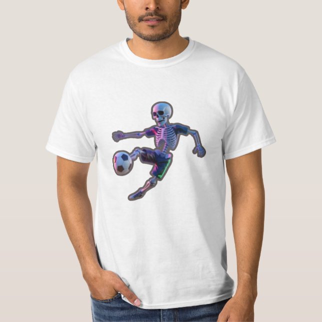 3D Neon Skeleton Playing Football – Funny Soccer S T-Shirt (Front)