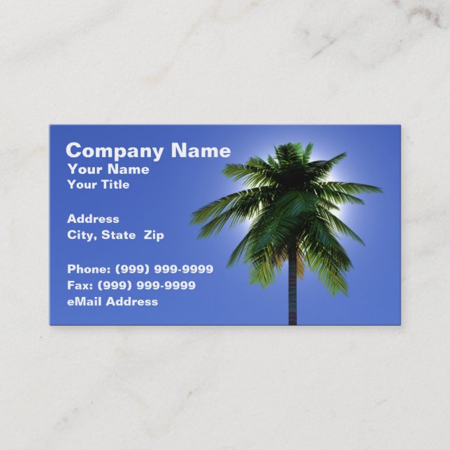 3D Palm Tree with Sun Against Clear Blue Sky Business Card (Front)