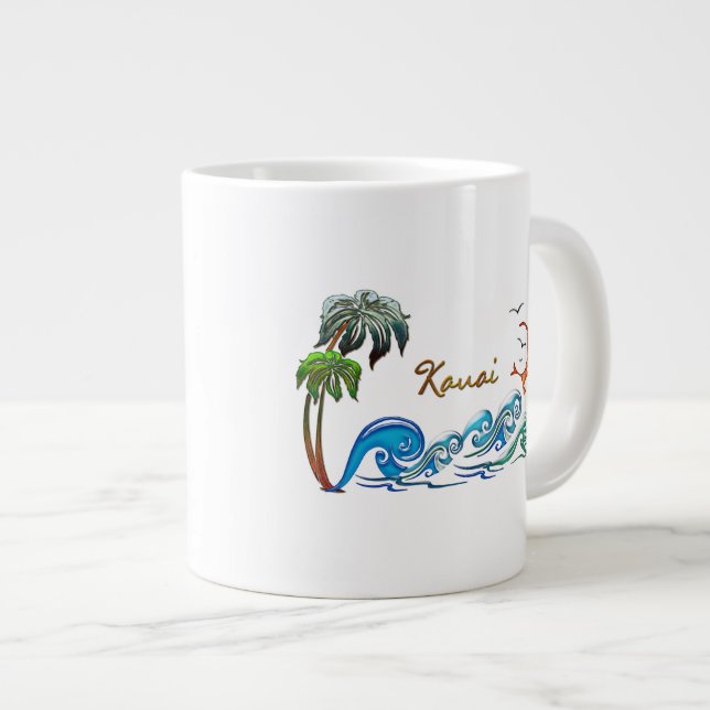 3d Palms, Waves & Sunset KAUAI Large Coffee Mug (Front Right)