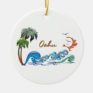 3d Palms, Waves & Sunset OAHU Ceramic Ornament