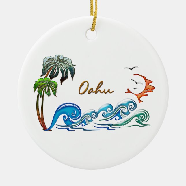 3d Palms, Waves & Sunset OAHU Ceramic Ornament (Front)