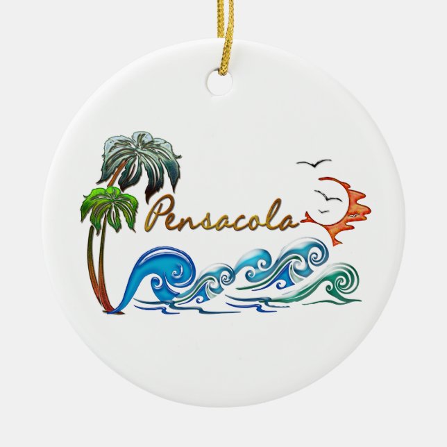 3d Palms, Waves & Sunset PENSACOLA Ceramic Tree Decoration (Front)