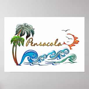 3d Palms, Waves & Sunset PENSACOLA Poster
