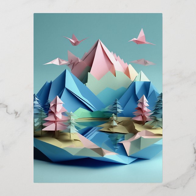  3d paper art, Lake scenery landscape, mountains,  Foil Holiday Postcard (Front)