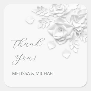 3D Paper Cut Roses Wedding Thank You Square Sticker