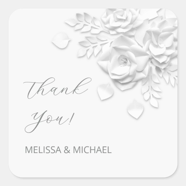 3D Paper Cut Roses Wedding Thank You Square Sticker (Front)