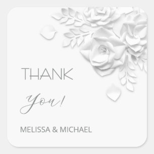 3D Paper Cut Roses Wedding Thank You Square Sticker