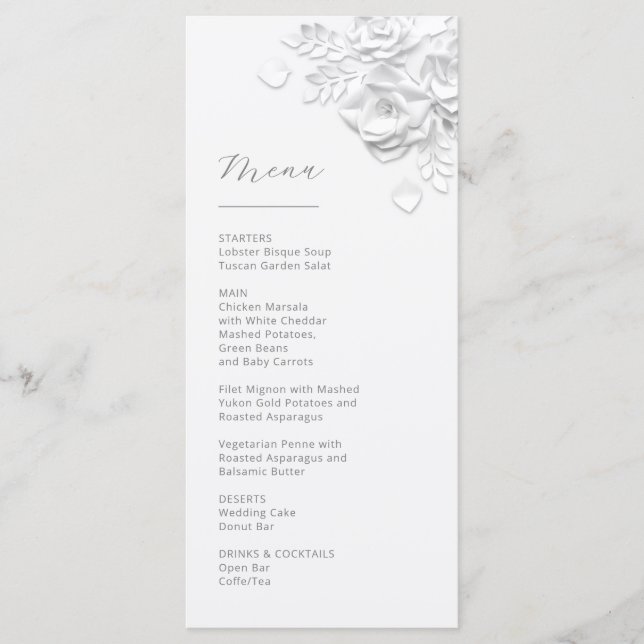 3D Paper Cut White Roses Menu (Front)