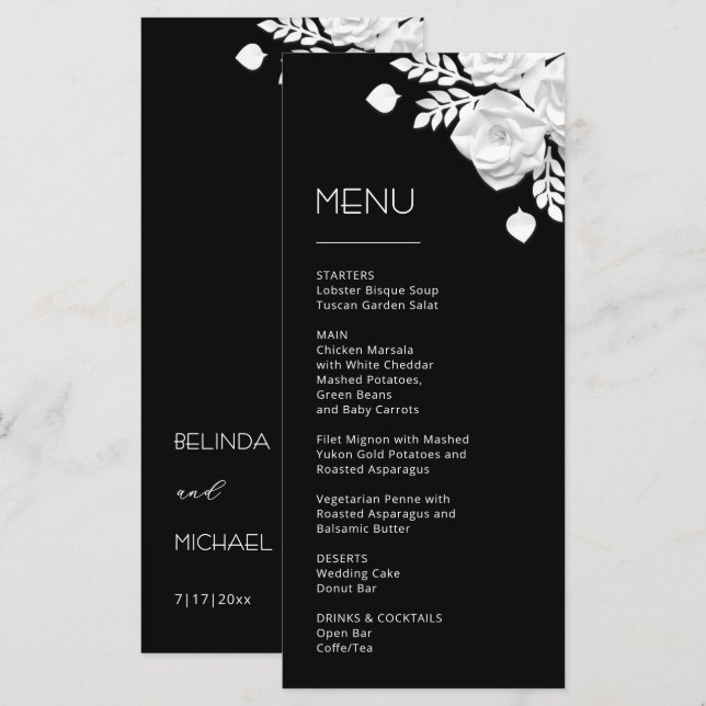 3D Paper Cut White Roses Menu (Front/Back)