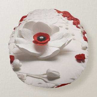 3D Paper Flower Art Bold Red & White Design Round Cushion