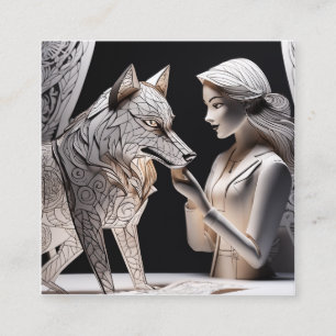 3D Paper puppet drama, wolf and girl Square Business Card