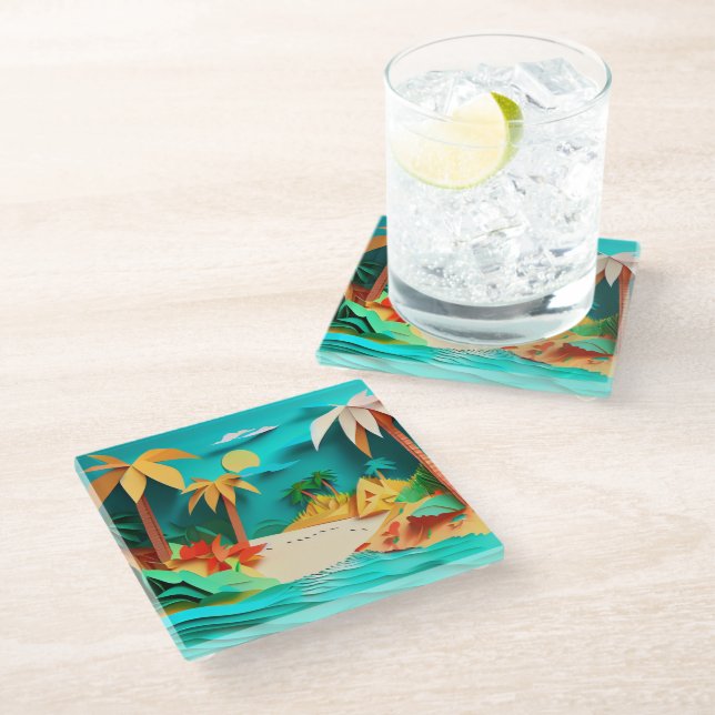 3D Papercraft Tropical Beach Glass Coaster (Angled)