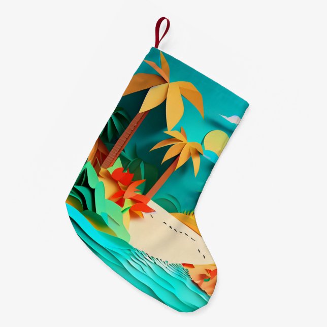 3D Papercraft Tropical Beach Small Christmas Stocking (Front (Hanging))