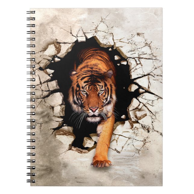3d picture tiger emerges from the destroyed wallti notebook (Front)