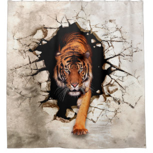 3d picture tiger emerges from the destroyed wallti shower curtain