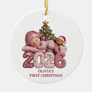 3D Pink Baby Girl First Christmas 2026 Custom Ceramic Ornament