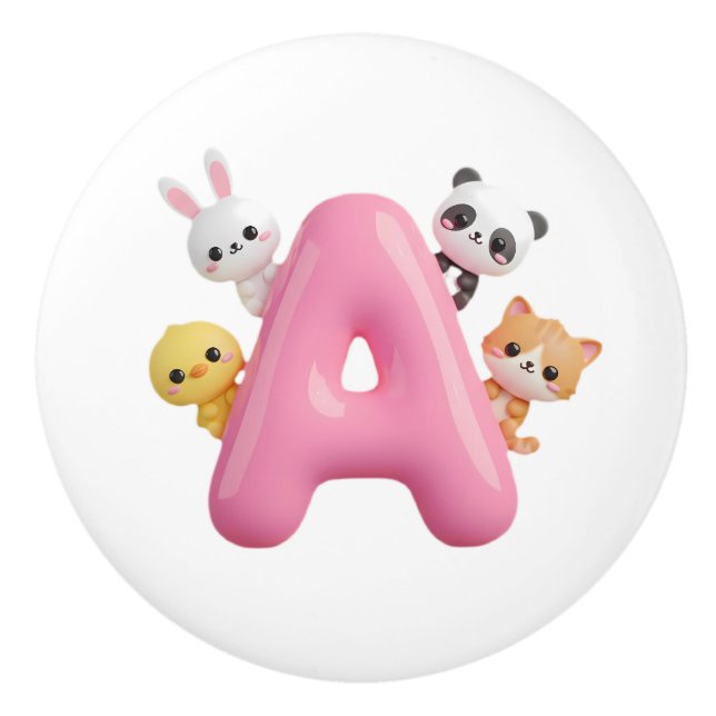 3D Pink Balloon Letter A Ceramic Drawer Knob (Front)