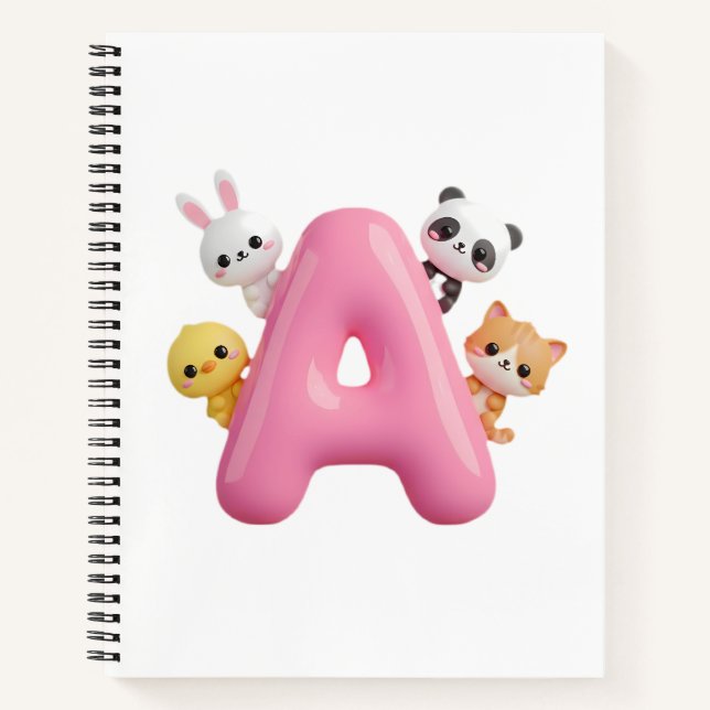 3D Pink Balloon Letter A – Forest Animals Notebook (Front)