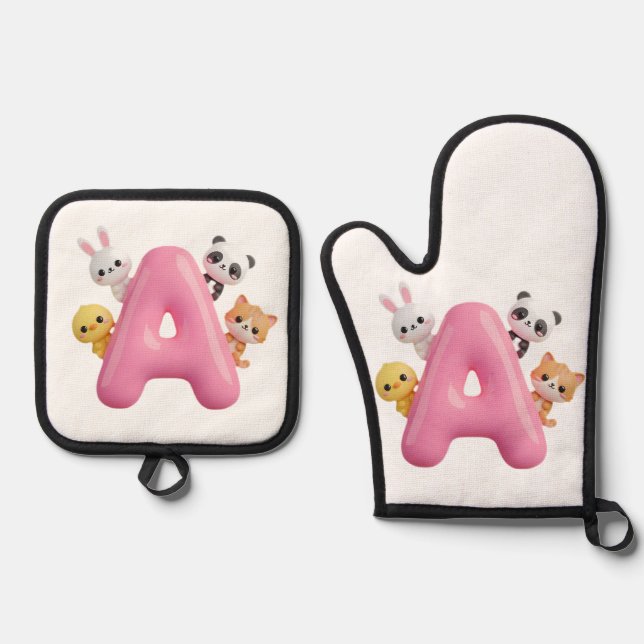 3D Pink Balloon Letter A Oven Mitt & Pot Holder Set (Front)
