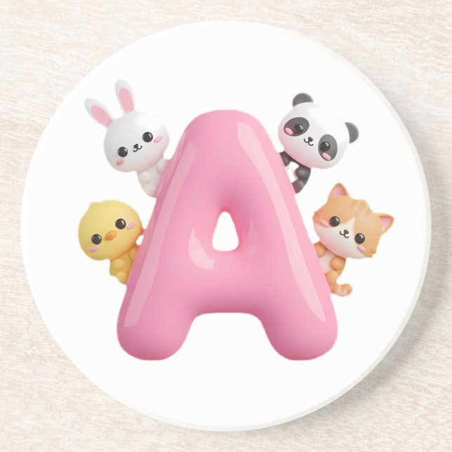 3D Pink Balloon Letter A Round Sandstone Coaster (Front)