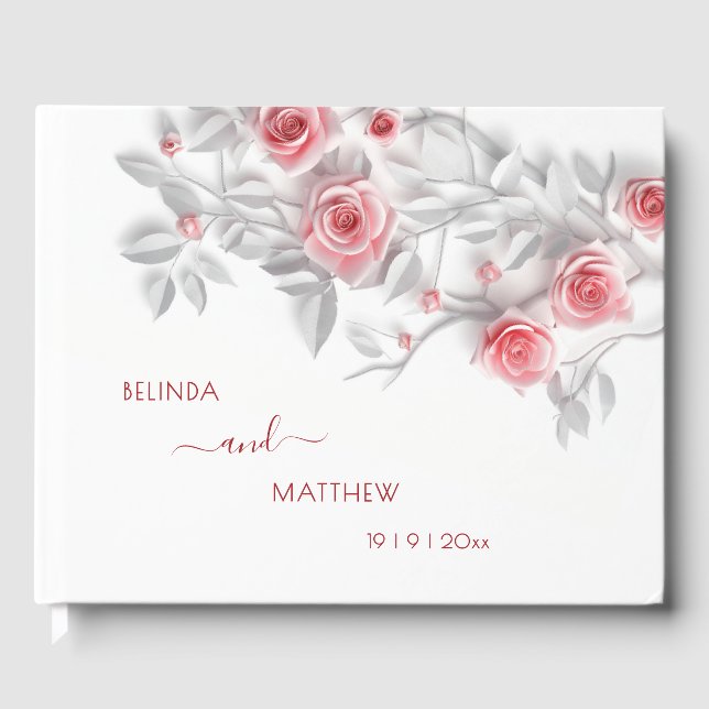 3D Pink Gray Roses | Wedding Guest Book (Front)