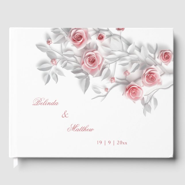 3D Pink Grey Roses | Wedding Guest Book (Front)