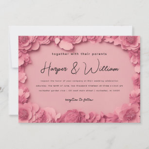 3d pink paper flowers horisontal wedding invitation