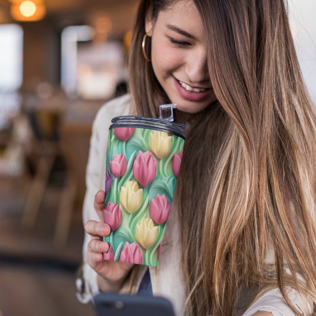 3D Pink Pastel Floral Thermal Tumbler (Tulip floral tumbler)