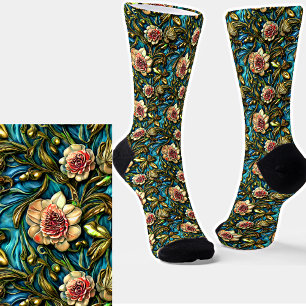 3D Pink Rose Flowers Green Leaves on Blue Socks