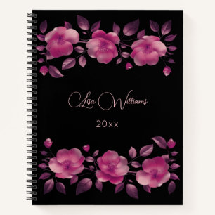 3D Pink Shiny Metallic Flowers Black Notebook