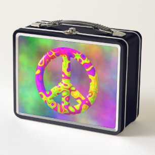 3D pink yellow psychedelic Peace Symbol on Plasma Metal Lunch Box