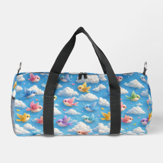 3d printed colourful bird and sky duffle bag