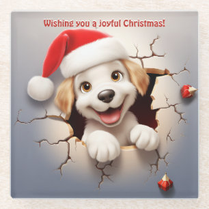 3D Puppy Christmas Glass Coaster