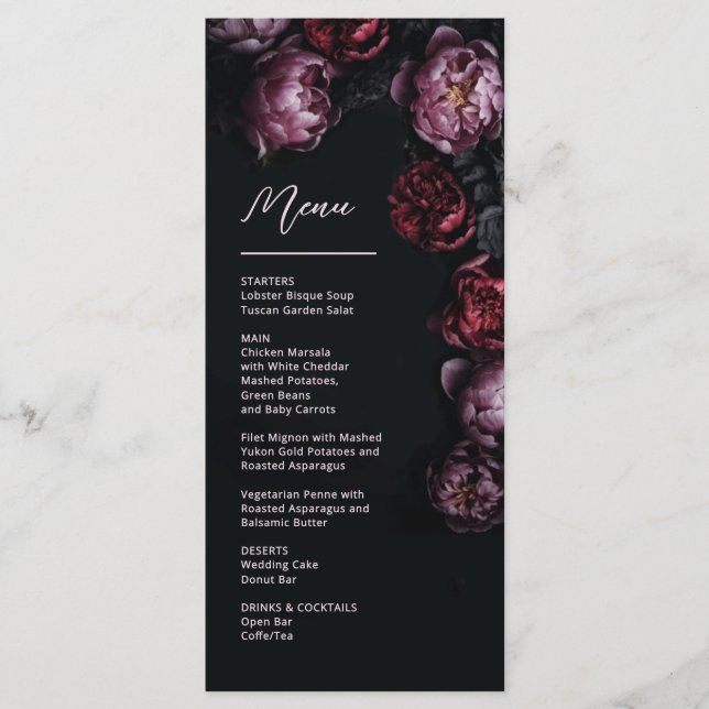 3D Purple and Dark Red Peony Wedding Menu (Front)