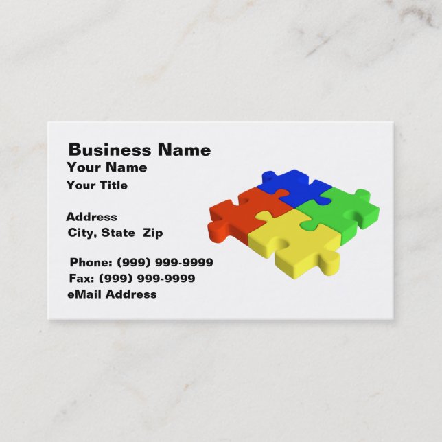 3D Puzzle Pieces (Red, Blue, Green, Yellow) Business Card (Front)