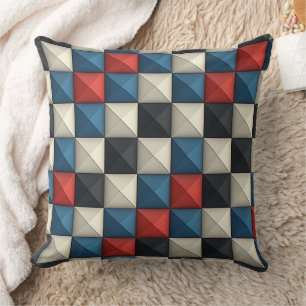 3D Pyramidal Geometric Pattern – Red, Blue & Cream Cushion