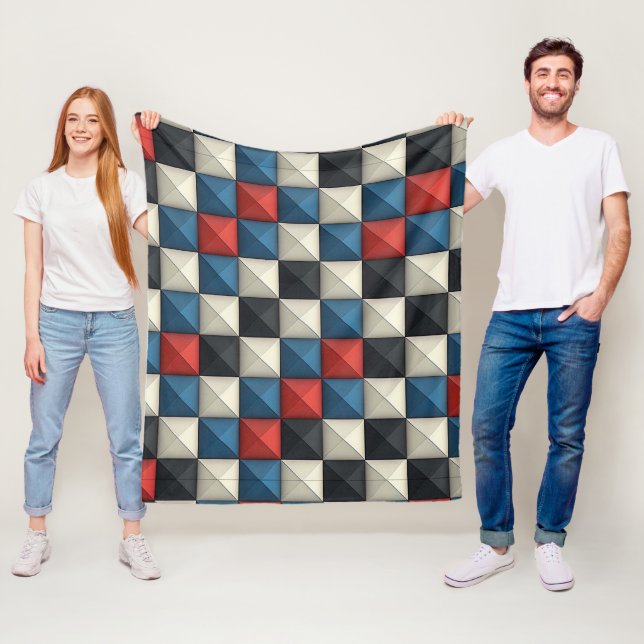 3D Pyramidal Geometric Pattern – Red, Blue & Cream Fleece Blanket (In Situ)