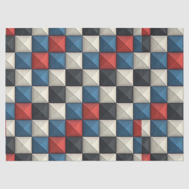 3D Pyramidal Geometric Pattern – Red, Blue & Cream Tissue Paper (Front)