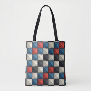 3D Pyramidal Geometric Pattern – Red, Blue & Cream Tote Bag