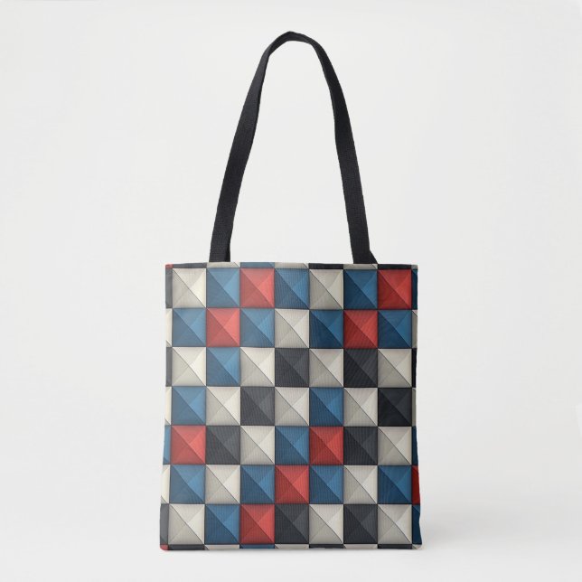 3D Pyramidal Geometric Pattern – Red, Blue & Cream Tote Bag (Front)