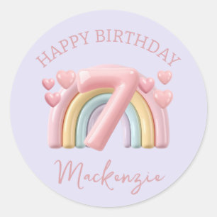 3D Rainbow 7th Birthday Girl on Purple Classic Round Sticker