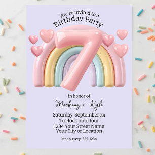 3D Rainbow 7th Birthday Party For Girl Purple Invitation